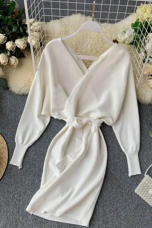 V Neck Knitted Sweater Dress for Elegant Ladies by Orro Shop