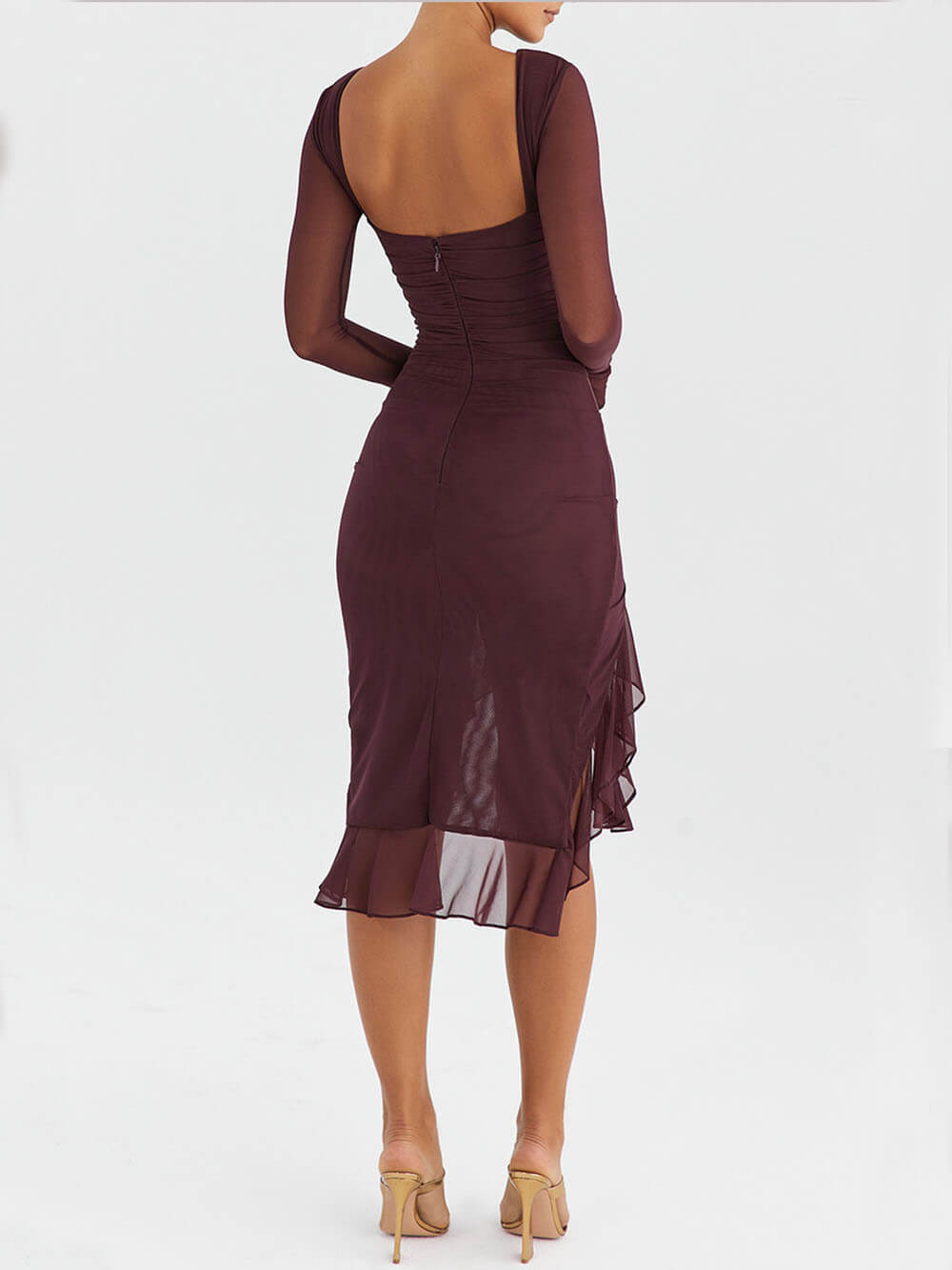 Wine Ruffle Midi Dress - Fashionpara