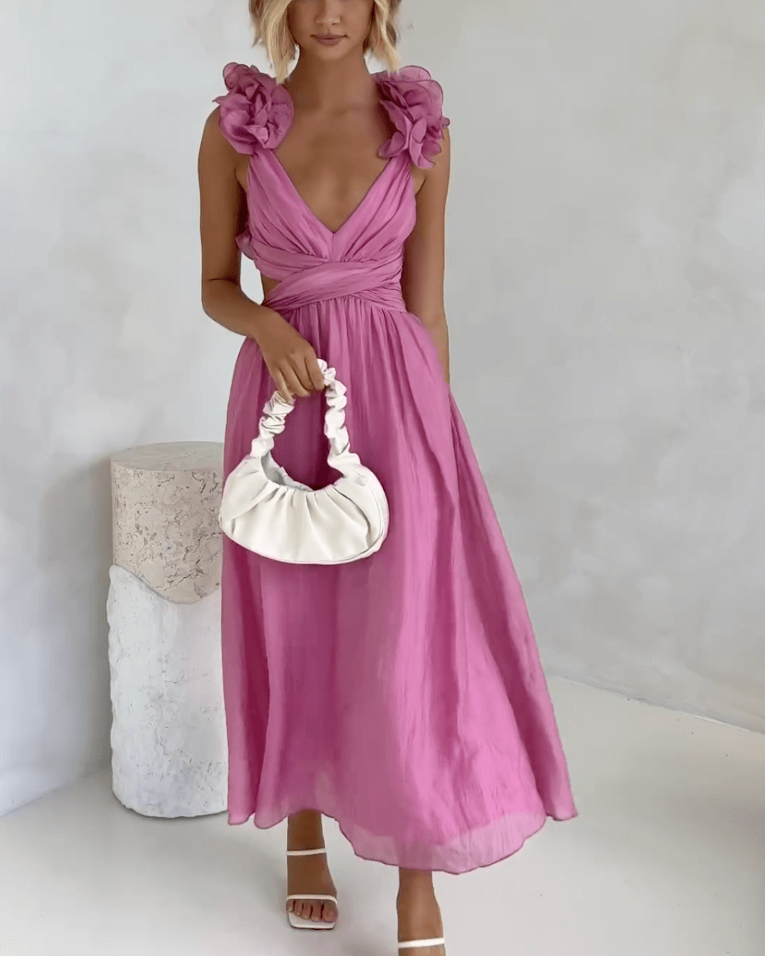 Floral Ruffle Detail Back Lace-Up Elastic Waist Maxi Dress - Fashionpara