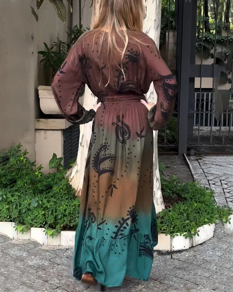 Bohemian resort V-neck printed dress - Fashionpara