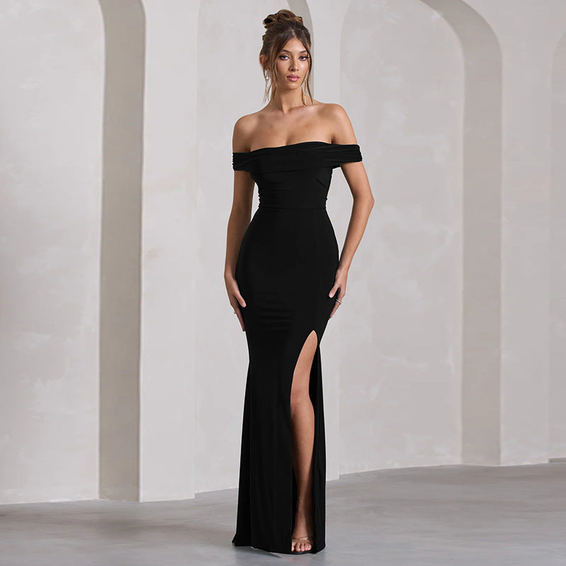 Off Shoulder Ruched High Slit Mermaid Maxi Gown