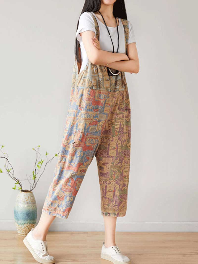 I love Music ripped Cropped Denim Overall Dungarees - Fashionpara