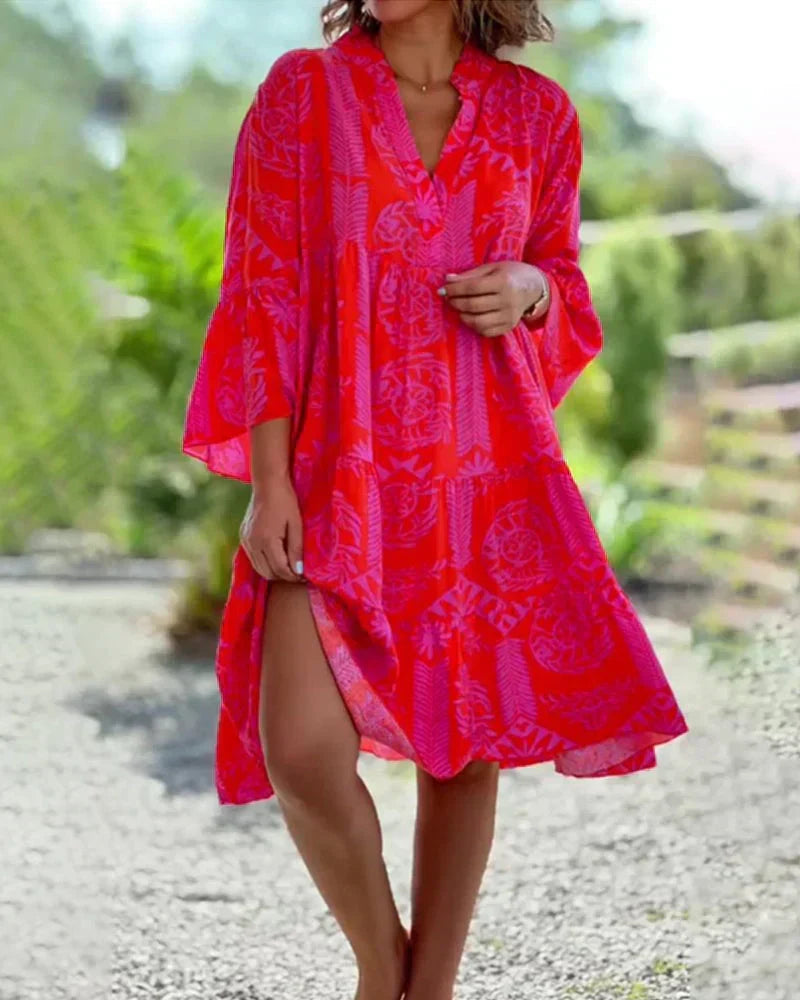 Bell Sleeve Ruffle Cuff Deep V-Neck Tiered Shift Mini Dress