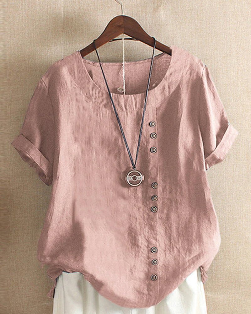 Button Front Round Neck Short Sleeve Blouse