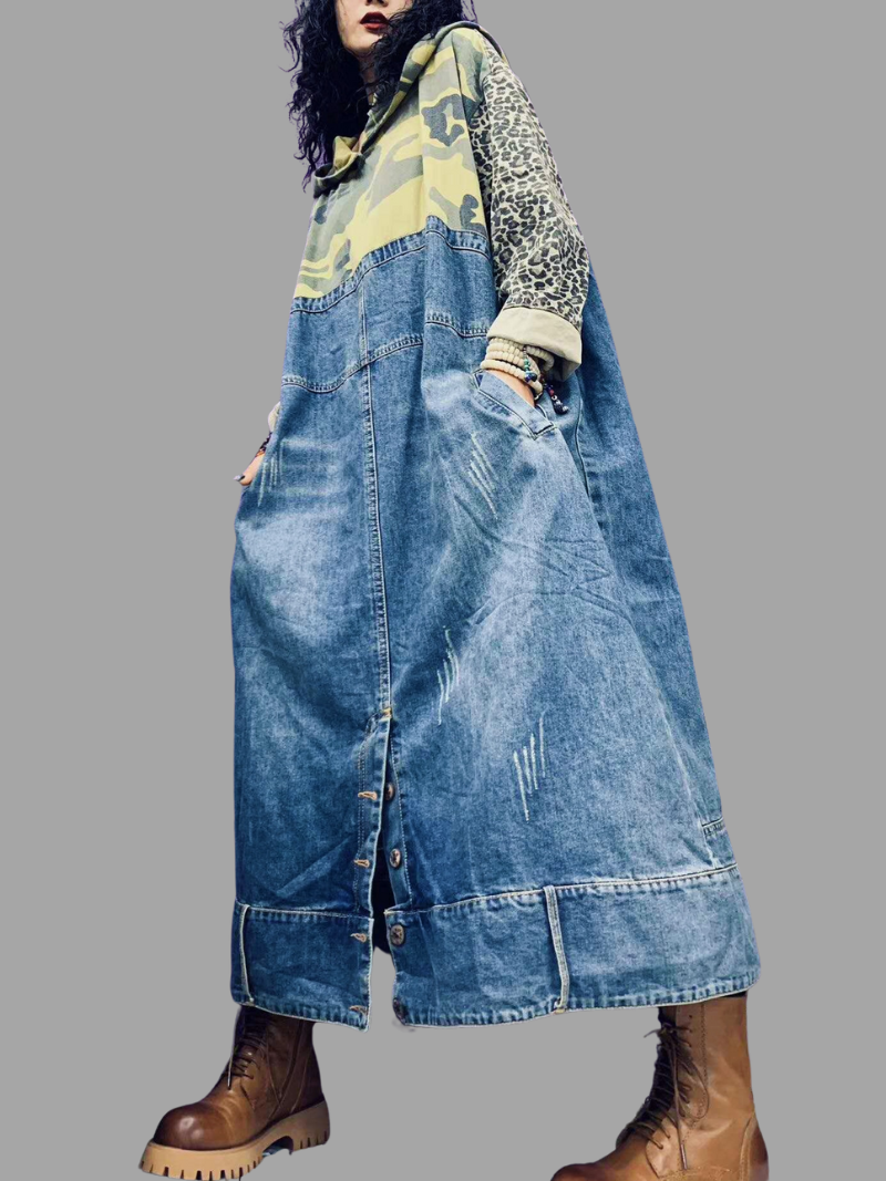 Camo Leopard Patchwork Hooded Denim Maxi Dress