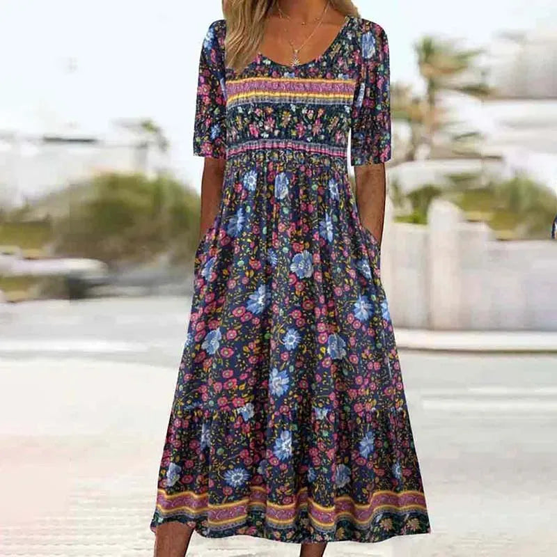 Floral Print Scoop Neck Short Sleeve Tiered Ruffle Midi Dress