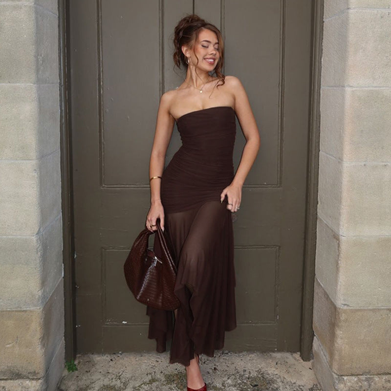 Mesh Strapless Ruched Bodycon Fishtail Maxi Dress