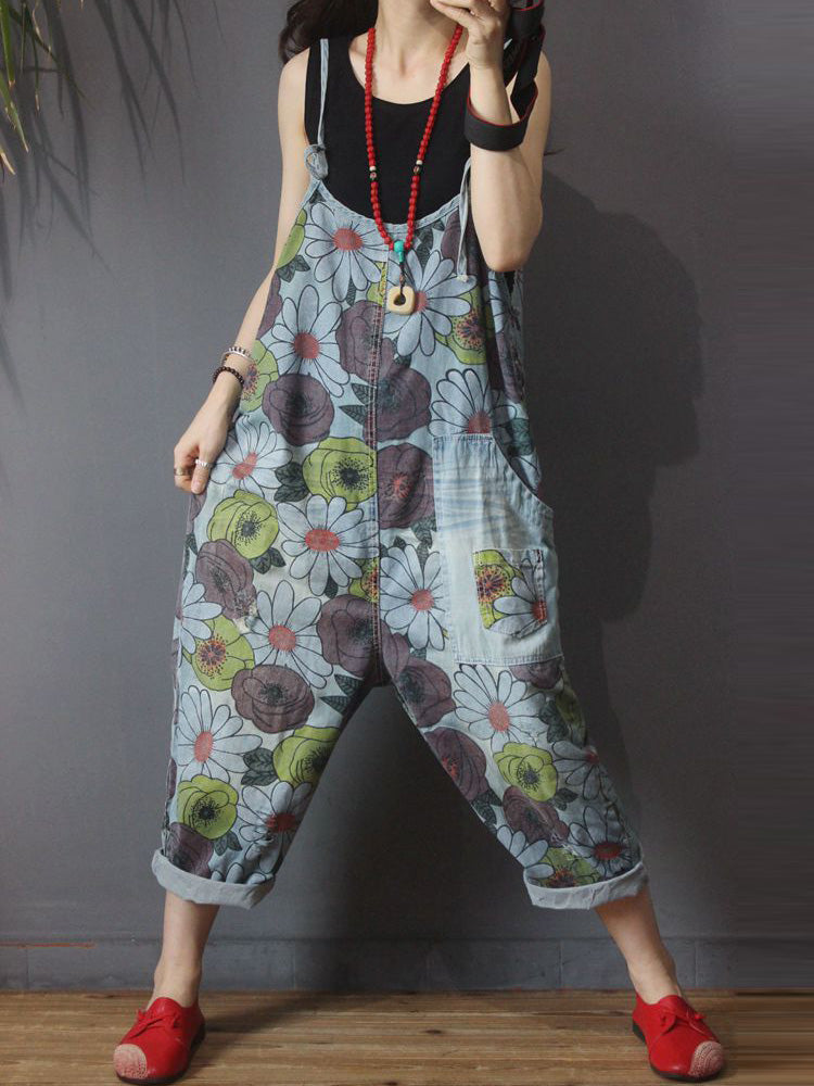 Beautiful in Eyes Floral Print Denim Overall Dungaree - Fashionpara