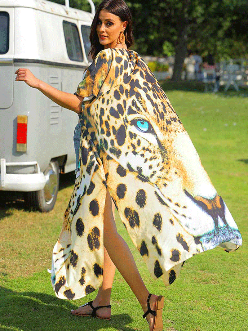 Leopard Print Yellow Leopard Color Polyester Long Length Gown Kimono Duster Robe - Fashionpara