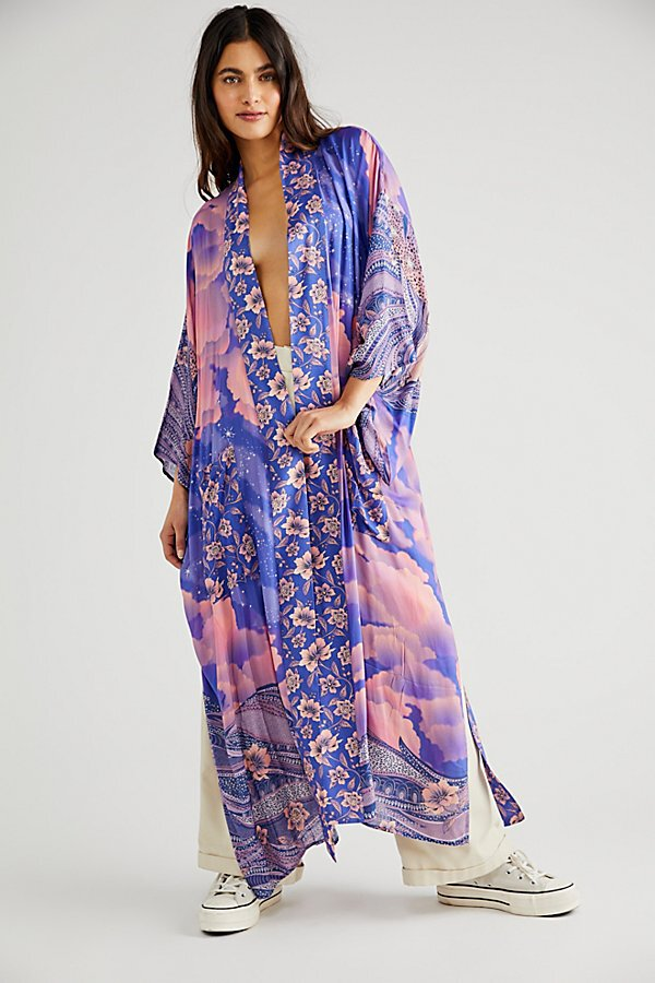 Summer Partywear Floral With Moon Print Purple Color Silk Long Length Gown Kimono Duster Robe