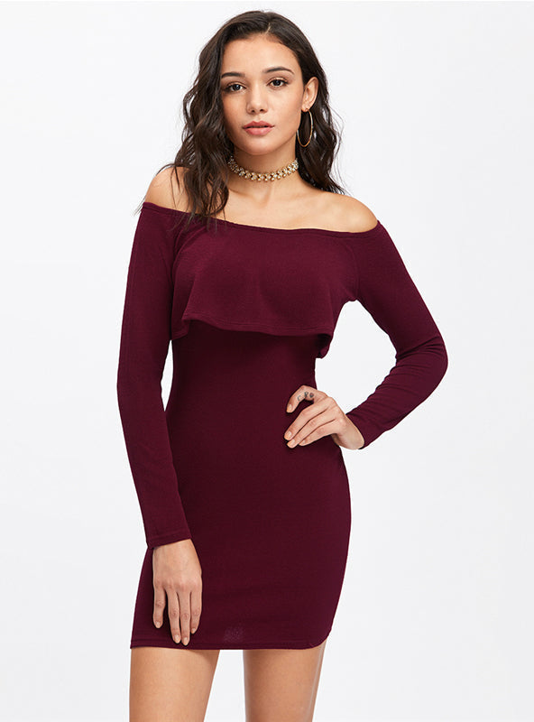 Off Shoulder Ruffle Long Sleeve Bodycon Mini Dress