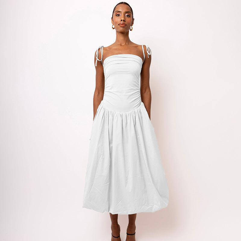 Tie-Strap Ruched Drop-Waist Bubble-Hem Midi Dress