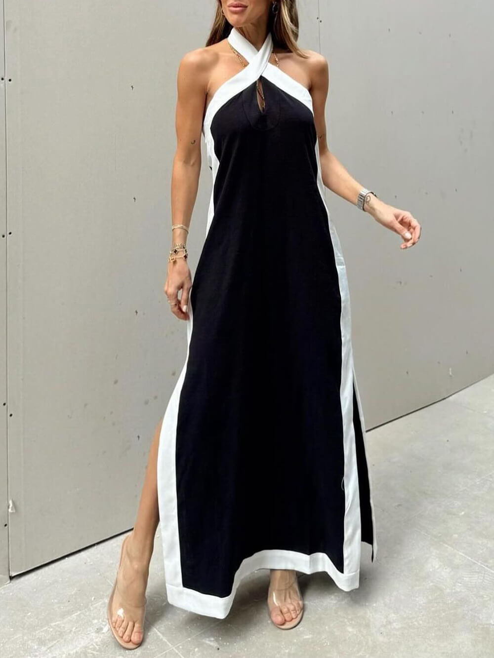 Color Block Halter Neck Slit Maxi Dress - Fashionpara