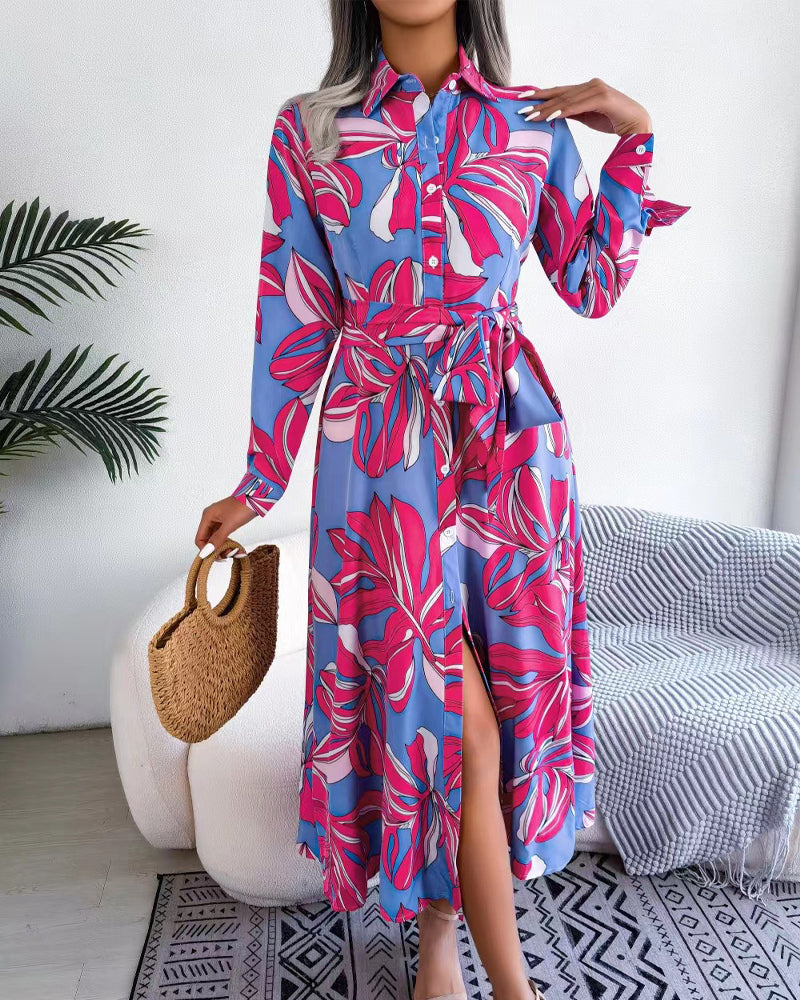 Floral Print Lapel Shirt Dress with Contrast 7