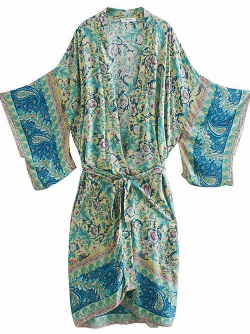 Paisley Print Green Color Cotton Long Length Gown Kimono Duster Robe - Fashionpara
