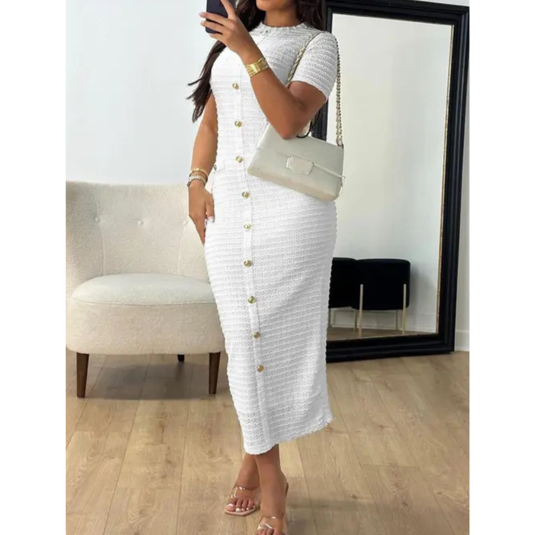 Crew Neck Short Sleeve Button Front Textured Bodycon Midi Dress