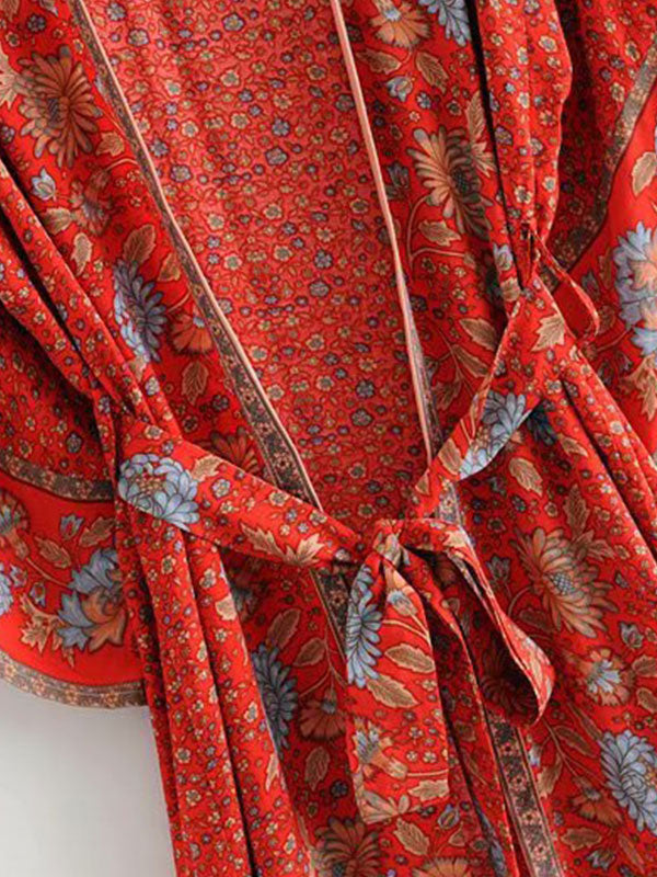 Beachwear Floral Print Red Color Cotton Long Length Gown Kimono Duster Robe - Fashionpara
