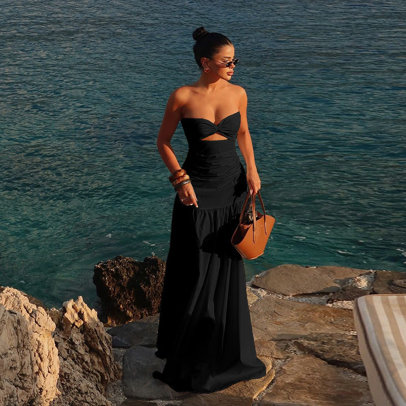 Strapless Twist Front Cutout Ruched Mermaid Maxi Dress