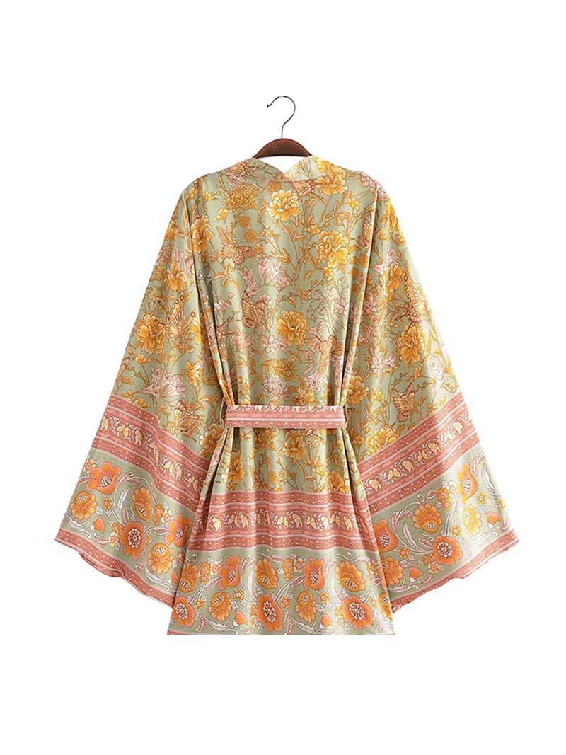 Short Floral Print Yellow Cotton Short Length Gown Kimono Duster Robe - Fashionpara