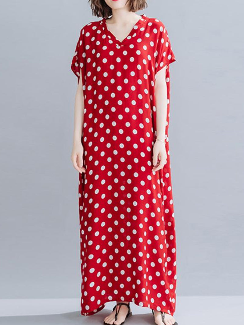 Polka Dot V-Neck Short Sleeve Kaftan Maxi Dress
