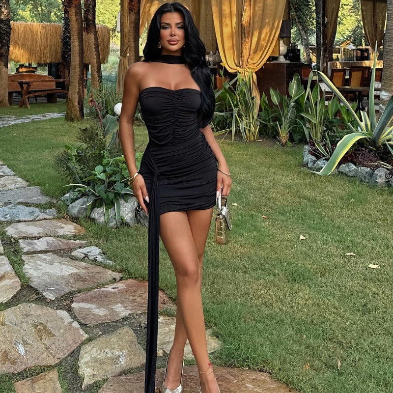 Strapless Ruched Draped Sash-Tie Bodycon Mini Dress