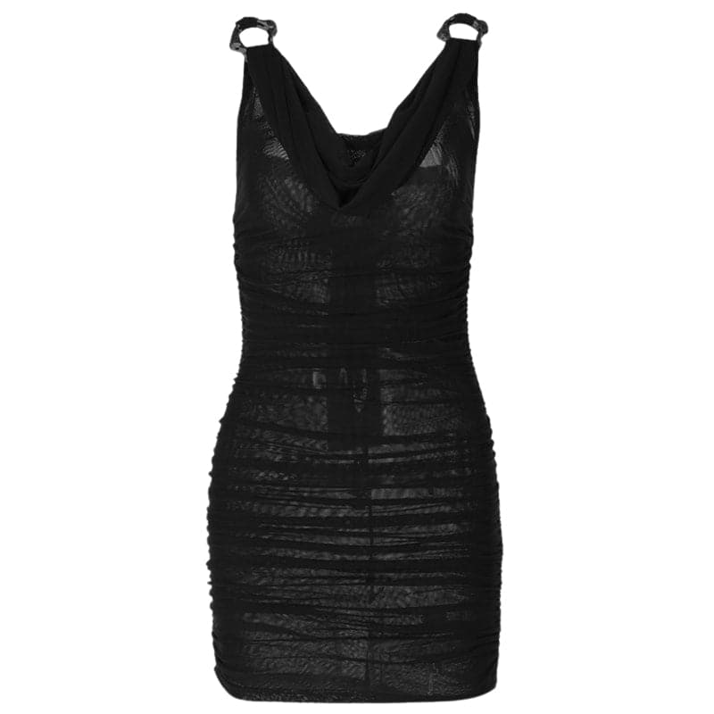 Cowl neck ruched o ring sheer mesh bowknot ribbon mini dress - View 2