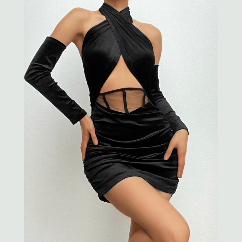 Velvet Halter Neck Glove Sleeve Cut Out Ruched Bodycon Mini Dress
