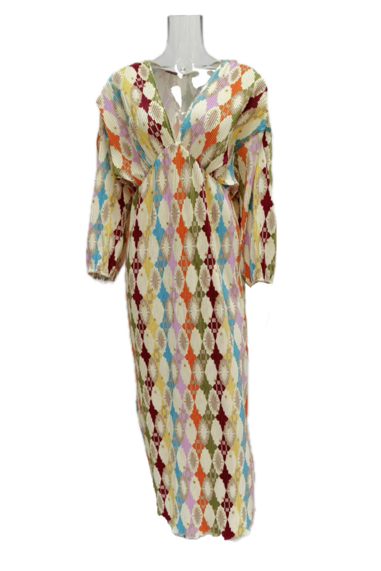 V Neck Geometric Print Lantern Sleeve Dress