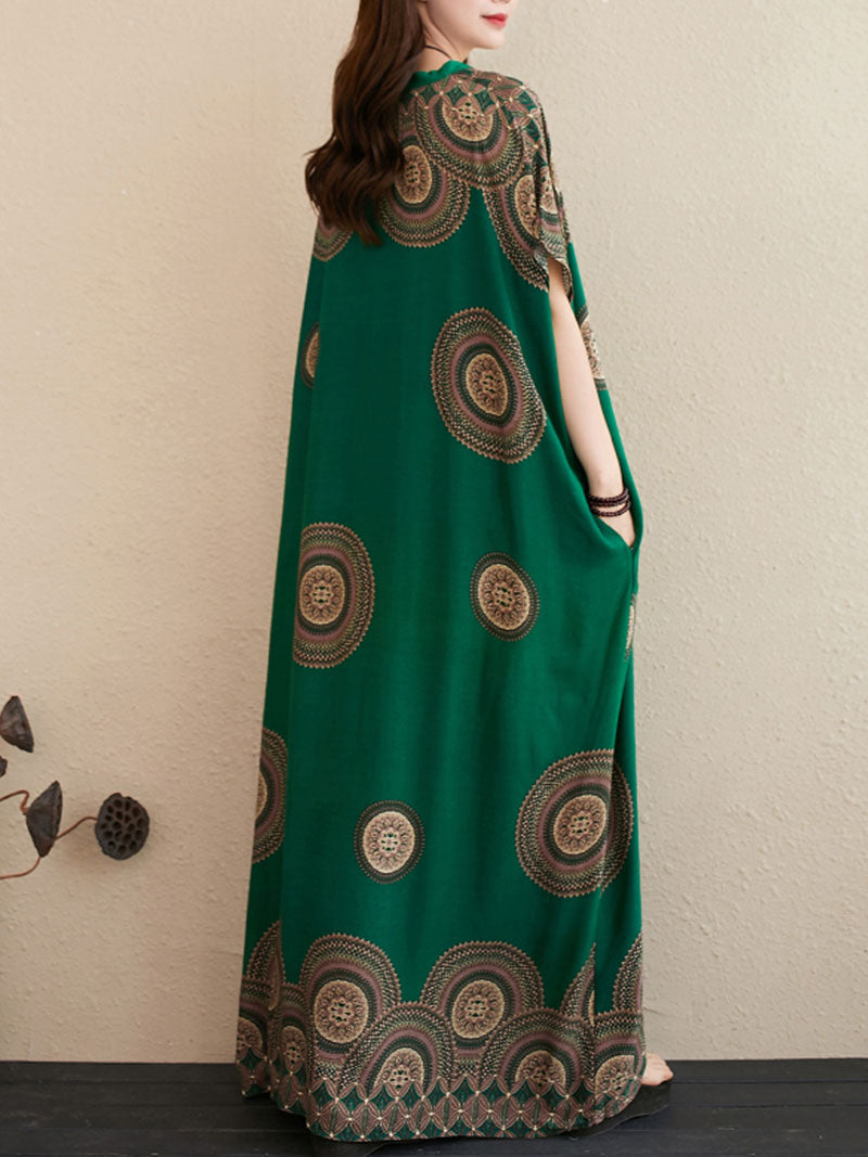 Medallion Print V-Neck Short Sleeve Loose Kaftan Maxi Dress 2