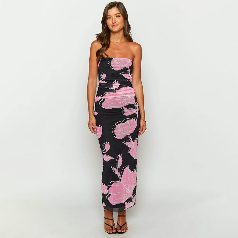 Floral Print Strapless Ruched Bodycon Maxi Dress