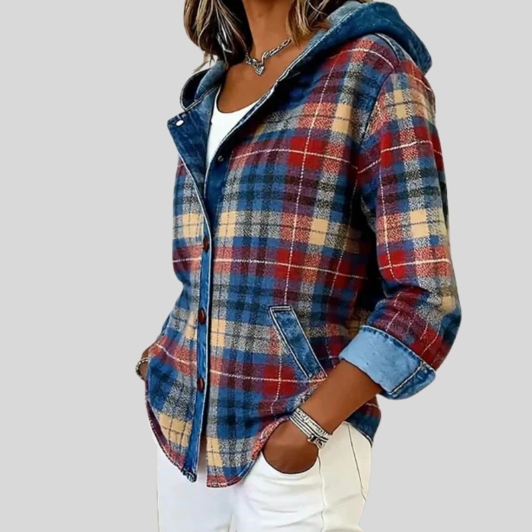 Plaid Hooded Denim Contrast Button Front Shacket 4
