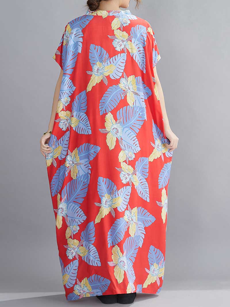 Leaf Print V-Neck Short Sleeve Kaftan Maxi Dress 2