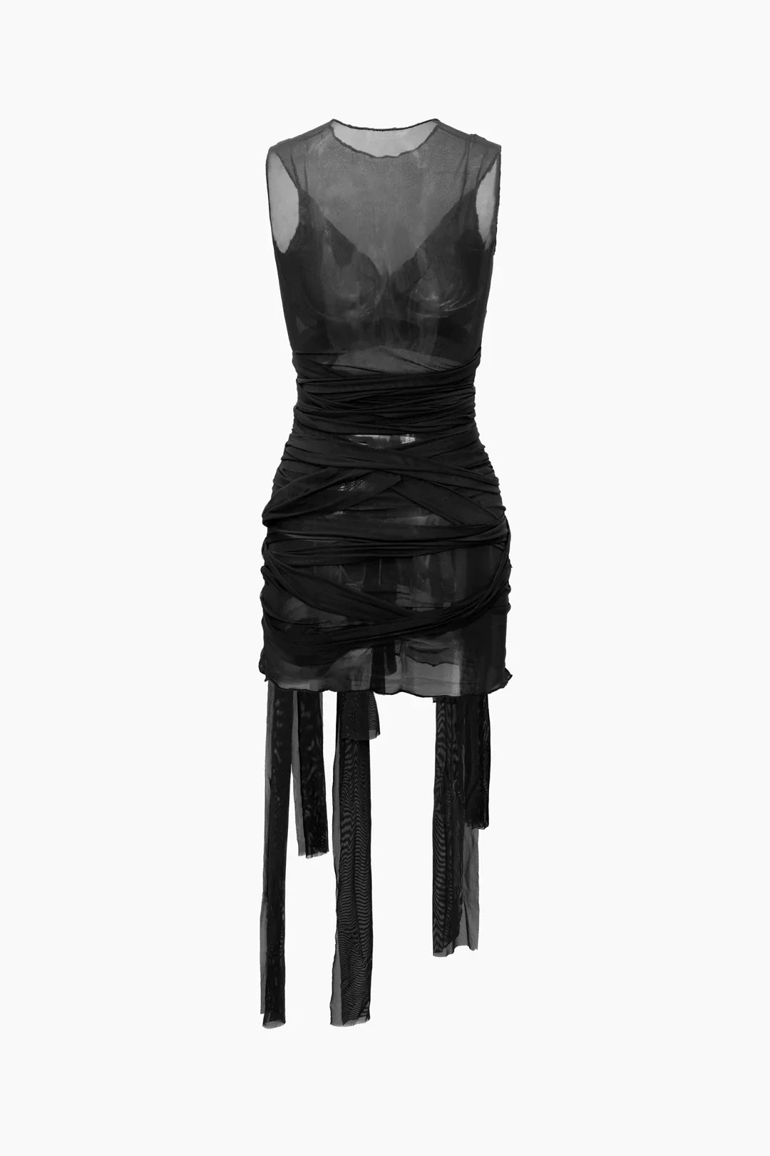 Sheer Mesh Wrap Tie Ribbon Mini Dress - Fashionpara