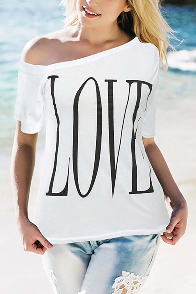 Florcoo Daily Love Print Off Shoulder T-shirt