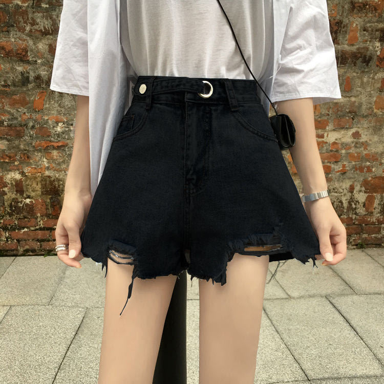 KittenAlarm - High Waist Trendy Button Ripped Shorts Jeans