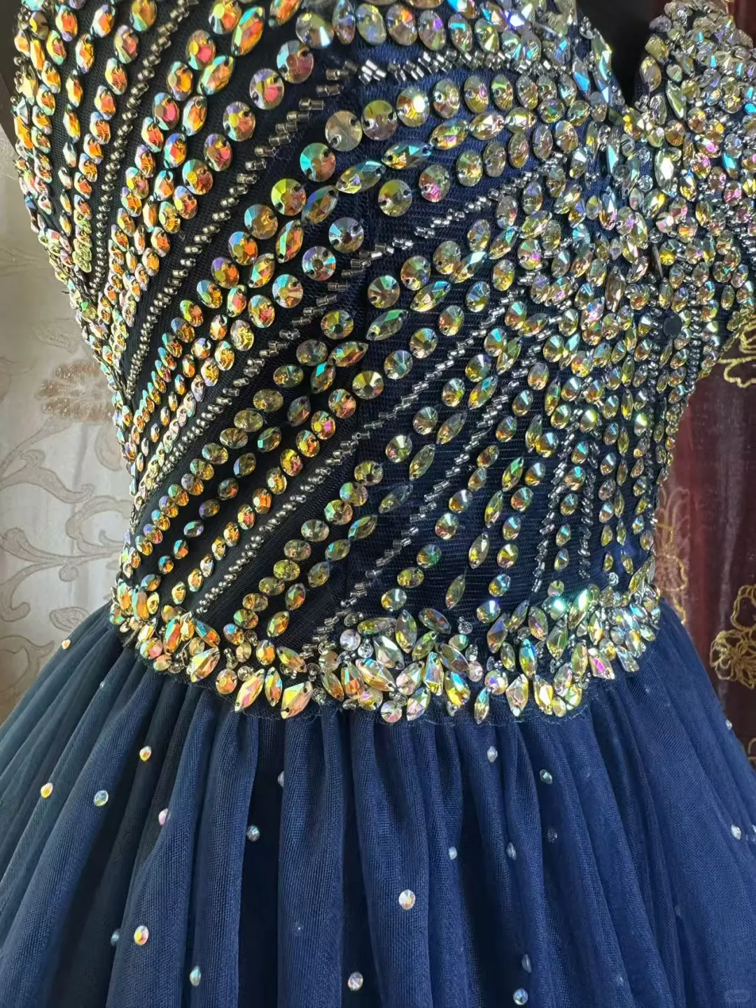 Sparkly Sweetheart Neck Blue Tulle Beaded A Line Short Prom Dress Formal Homecoming Dress D316