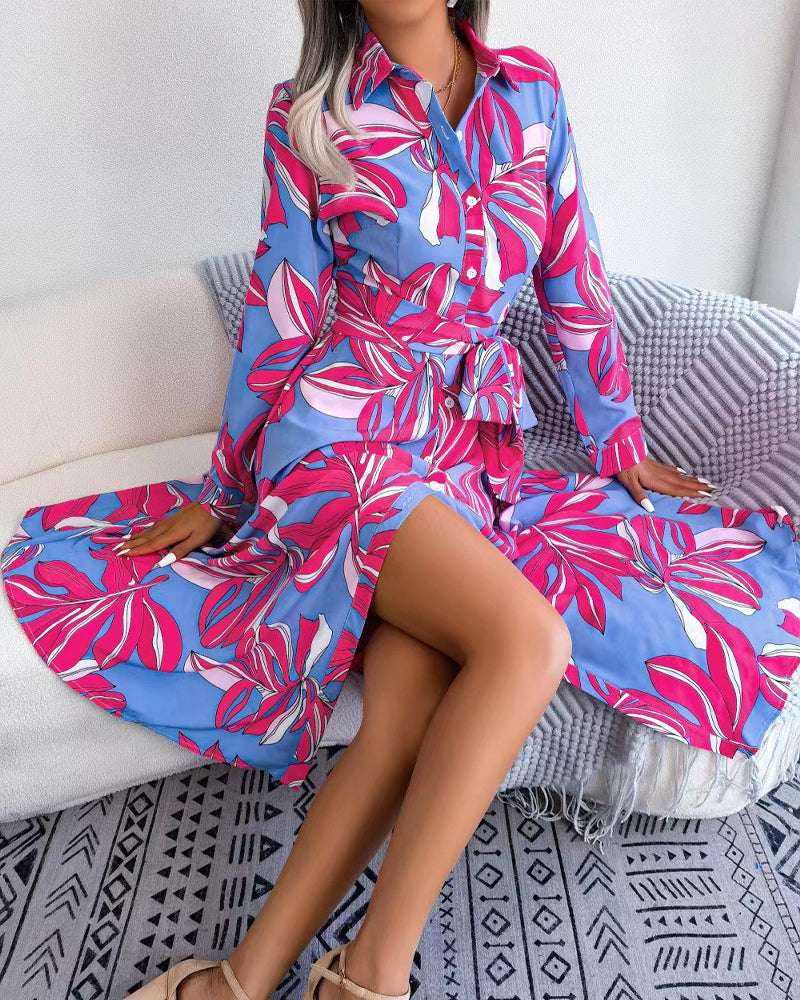 Floral Print Lapel Shirt Dress with Contrast 9