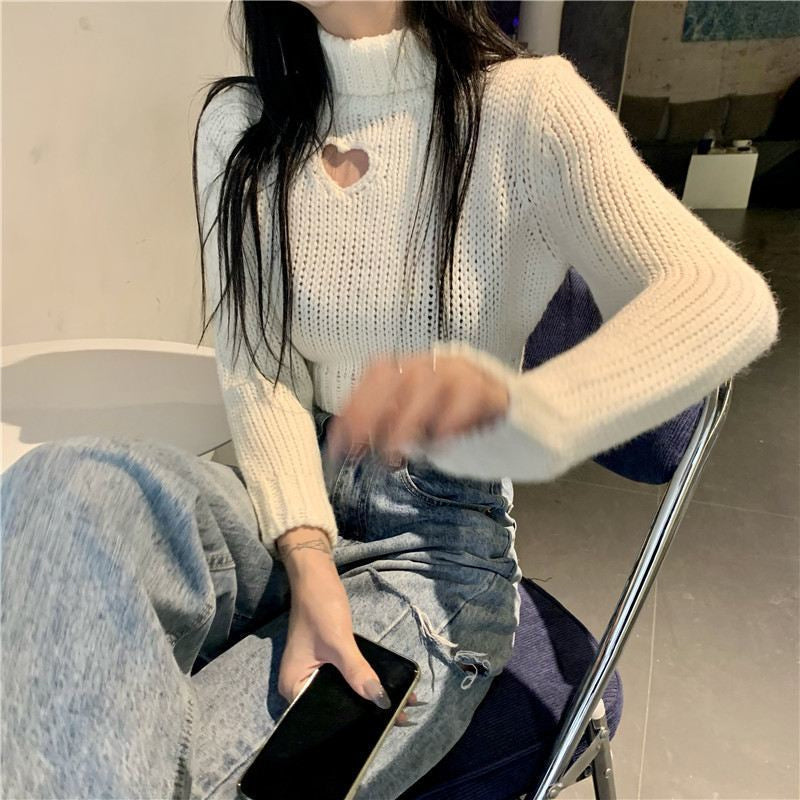 KittenAlarm - Cute Love Hole Shaped High Neck Cropped Sweater