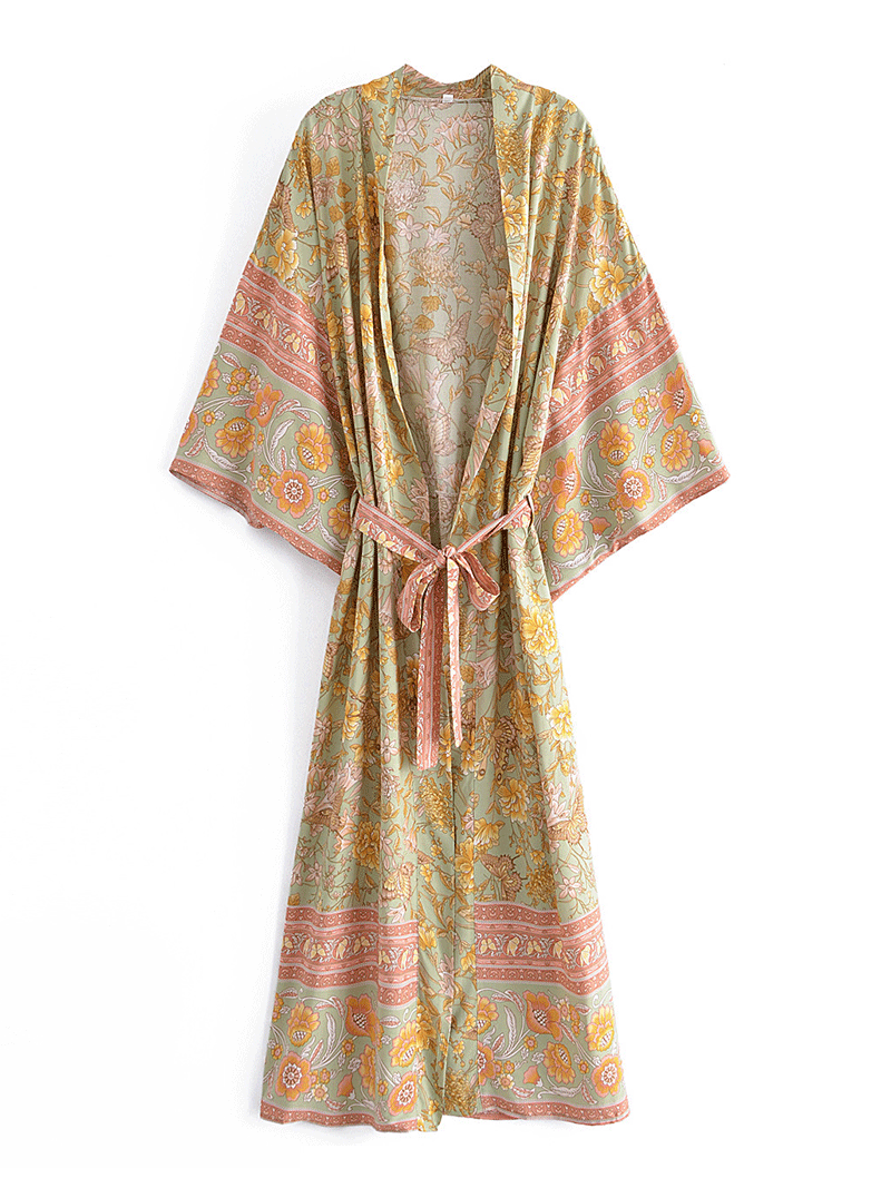 Long Length Beachwear Floral Print Yellow Color Cotton Gown Kimono - Fashionpara
