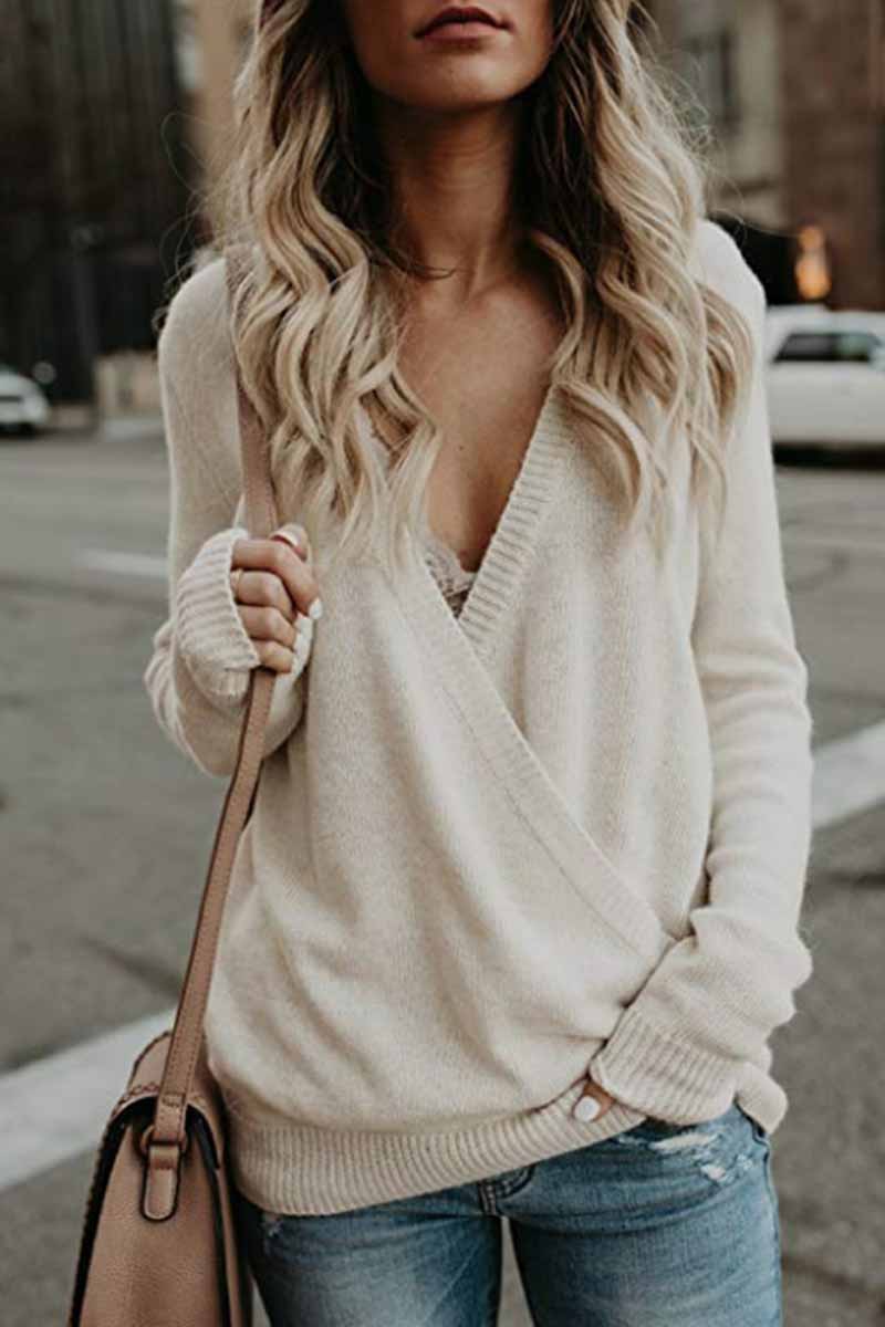 Florcoo Women's Deep V Neck Street Sweater in 3 Colors