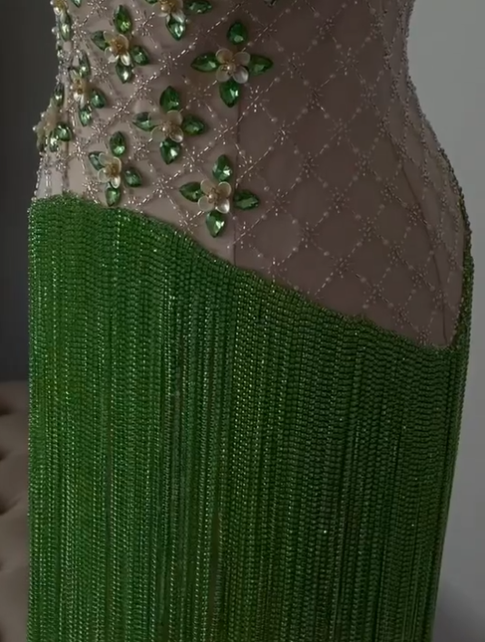 Luxury Strapless Satin Beaded Tassel Green Long Prom Gown Formal Evening Dress D876