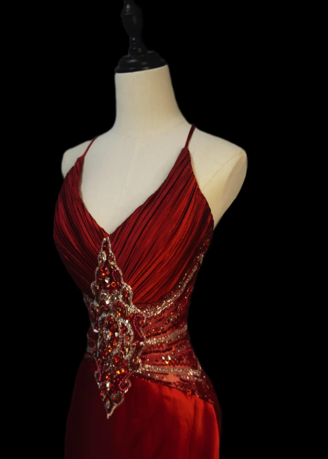 Pretty Spaghetti Straps V Neck Red Satin Beaded Mermaid Party Dress Formal Evening Gown D1104