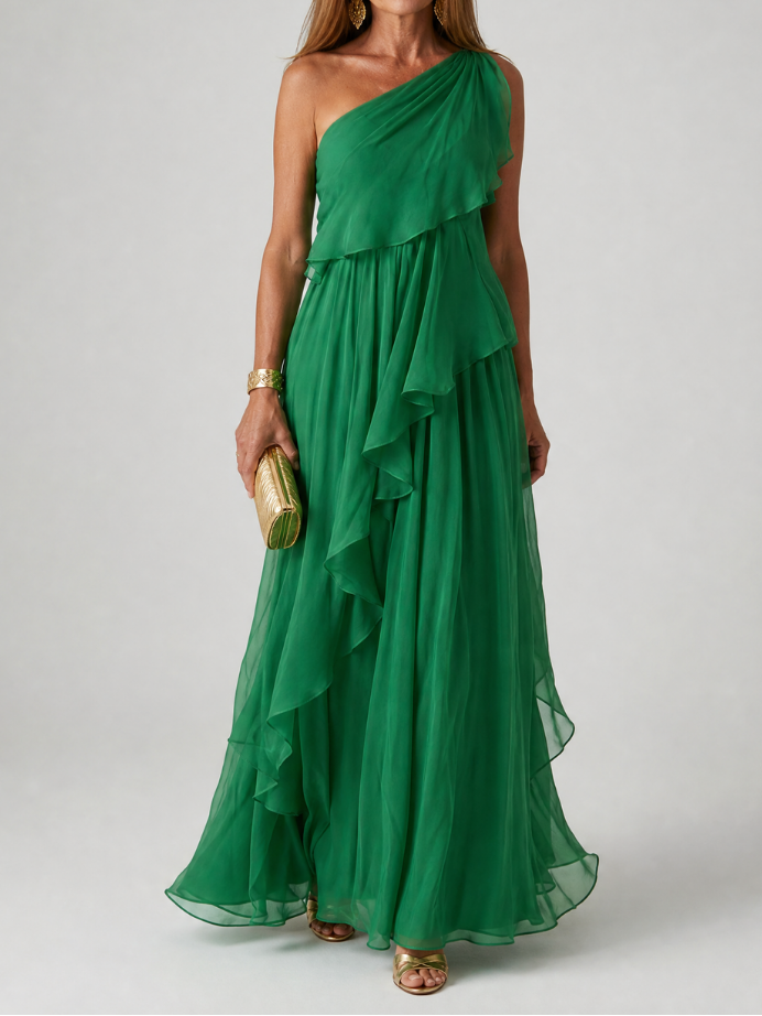 One Shoulder Ruffle Tiered Chiffon Maxi Gown