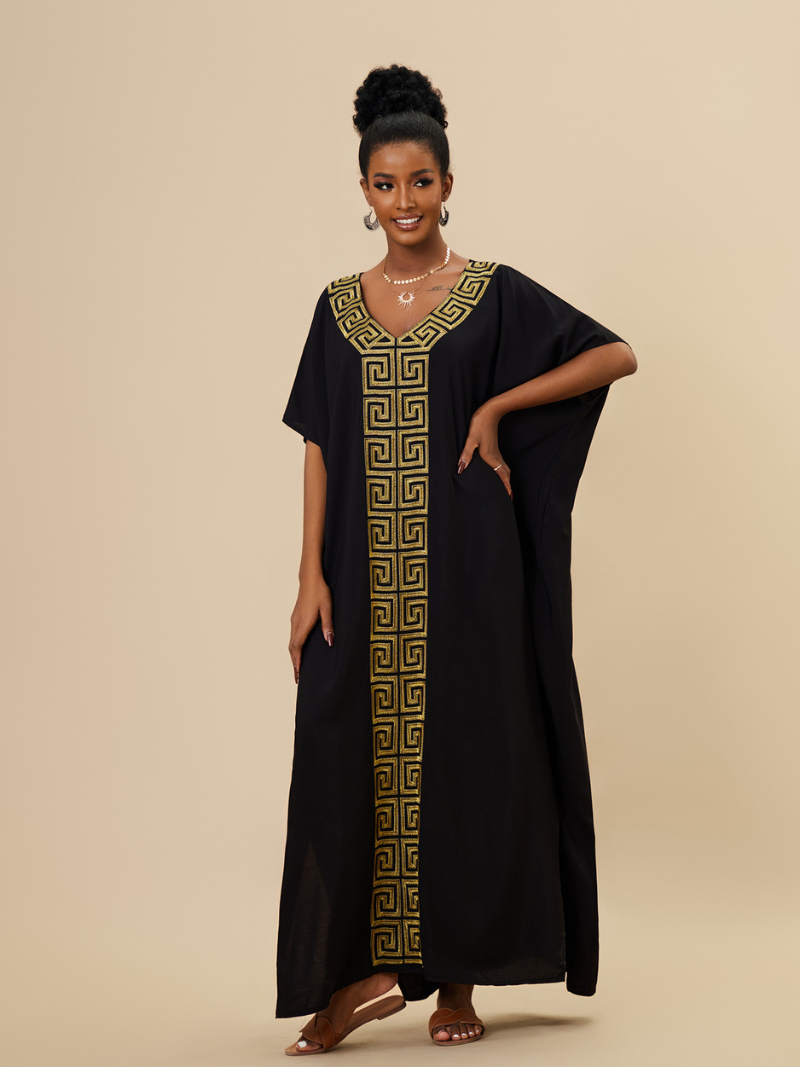 Greek-Key Embroidered V-Neck Short-Sleeve Kaftan Maxi Dress