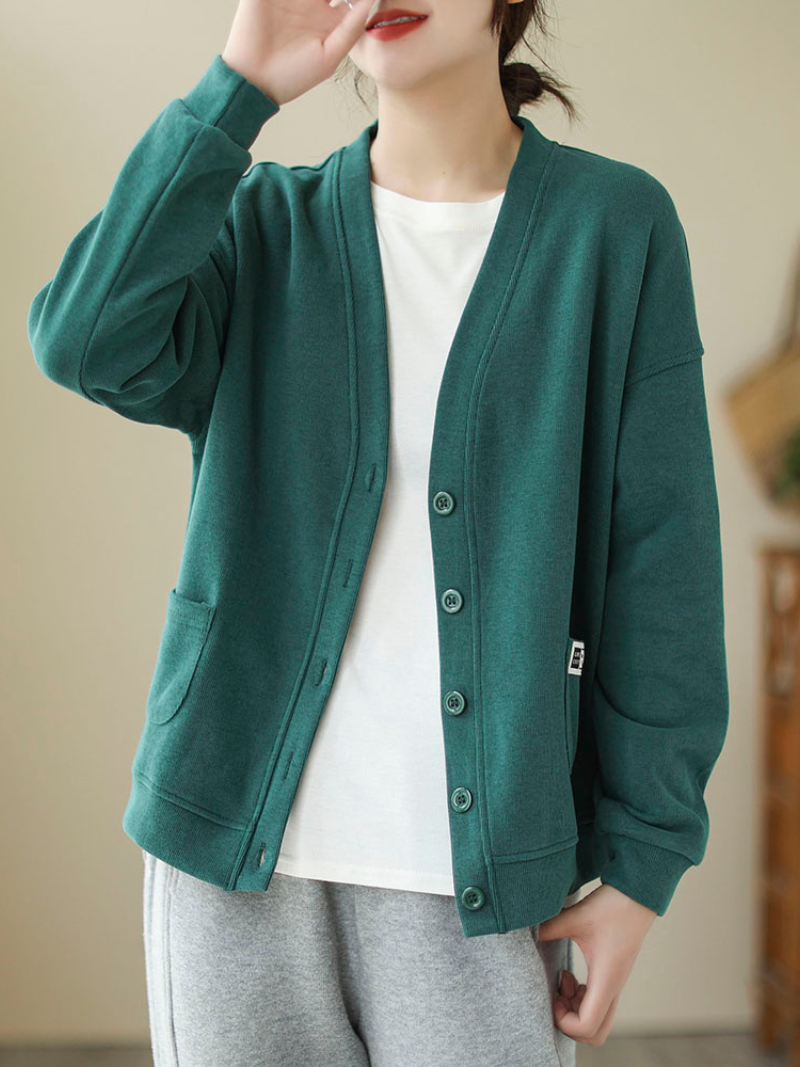 V-Neck Long-Sleeved Sweater Top Loose Solid Color Cardigan Button Sweater Jacket - Fashionpara