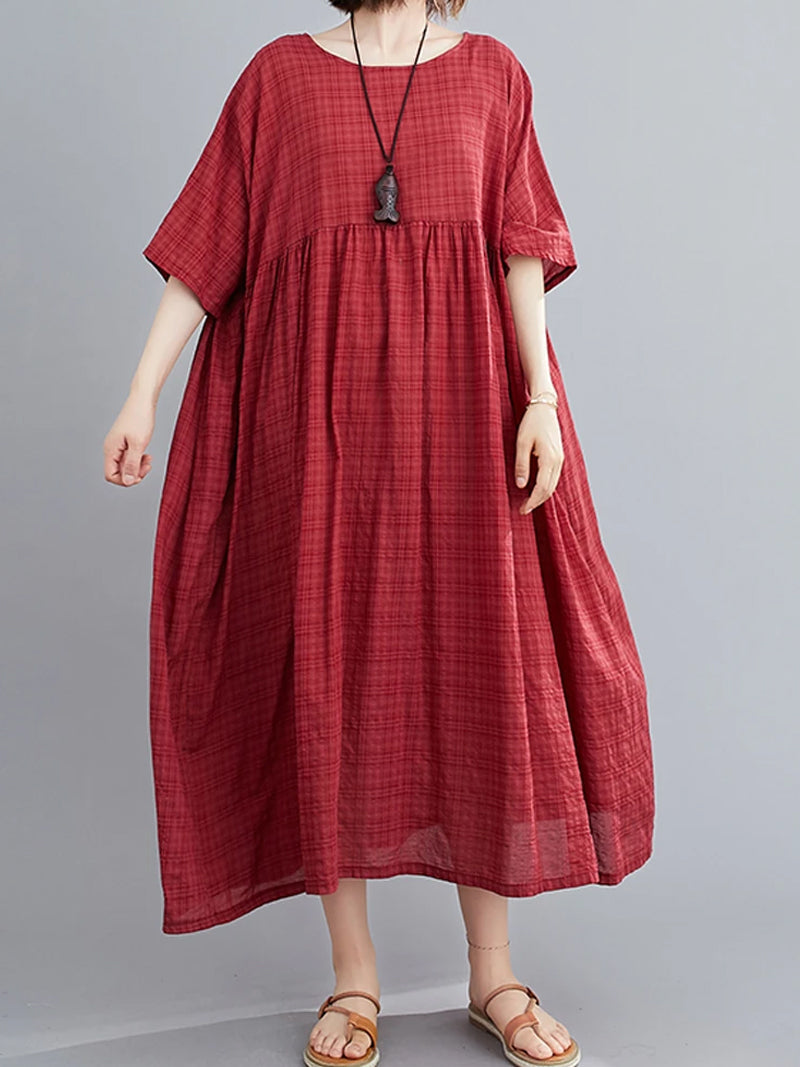 Plaid Round Neck Short Sleeve Smock Midi Dress