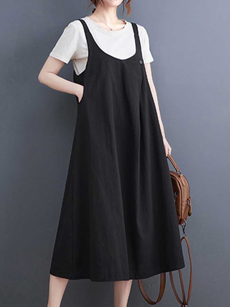 Plain Cotton Round-Neck Salopette Dress - Fashionpara