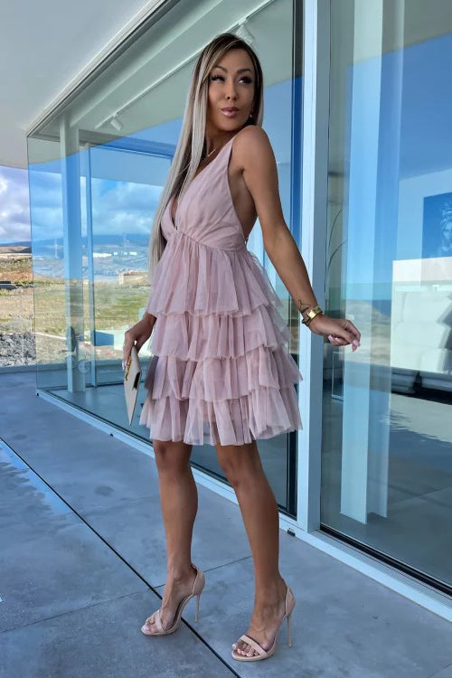 Tulle V-Neck Spaghetti Strap Tiered Ruffle Mini Dress - View 4