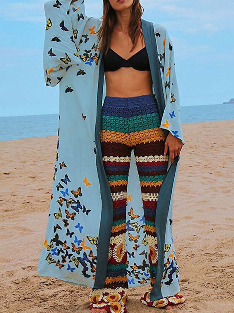 Bride to Be Butterfly Print Blue Color Cotton Long Length Gown Kimono Duster Robe - Fashionpara