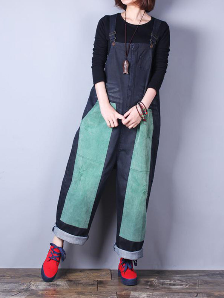 Happy Heart Color Contrast Denim Overall Dungarees - Fashionpara